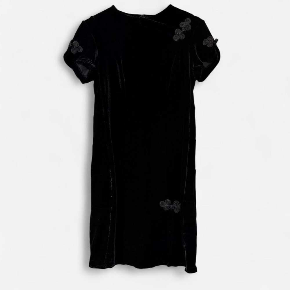 Vintage 90s Black Velvet Frog Closure Midi Dress